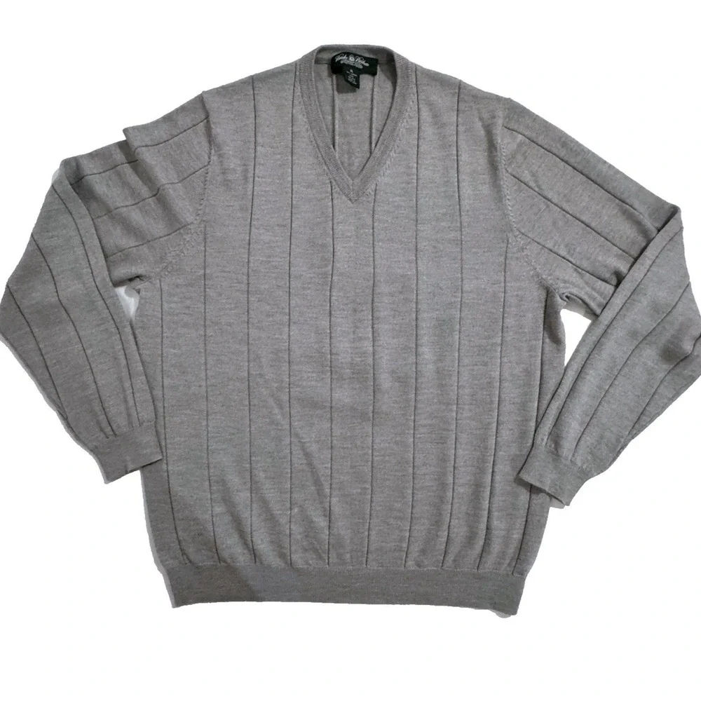 Brooks Brothers Sweater Men's XL Silk Blend Wool Ribbed V-Neck Country Club Grey